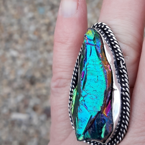 New Rainbow Titanium Crystal Quartz 925 Silver Statement Ring. - Picture 6 of 8